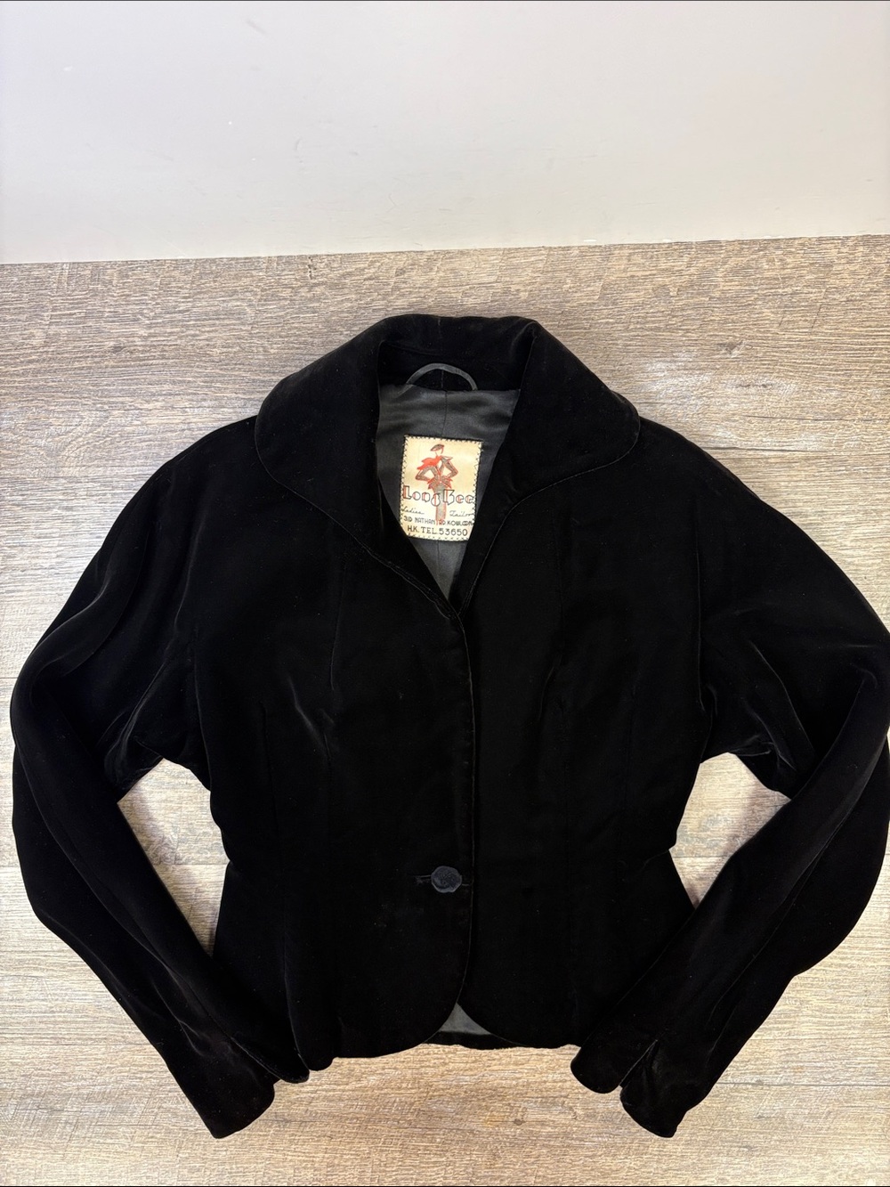 Vintage Long Kee Hong Kong Black Velvet Tailored Cropped Jacket Blazer